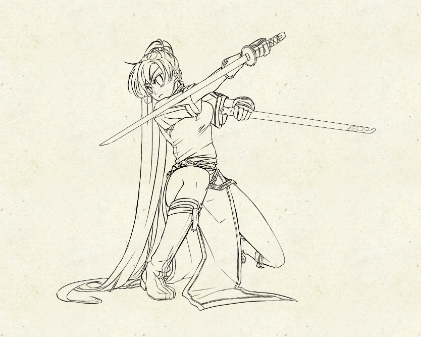 lyn (fire emblem), fire emblem, fire emblem: the blazing blade, nintendo, 1girl, female focus, gloves, high ponytail, long hair, monochrome, ponytail, sheath, solo, sword, very long hair, weapon