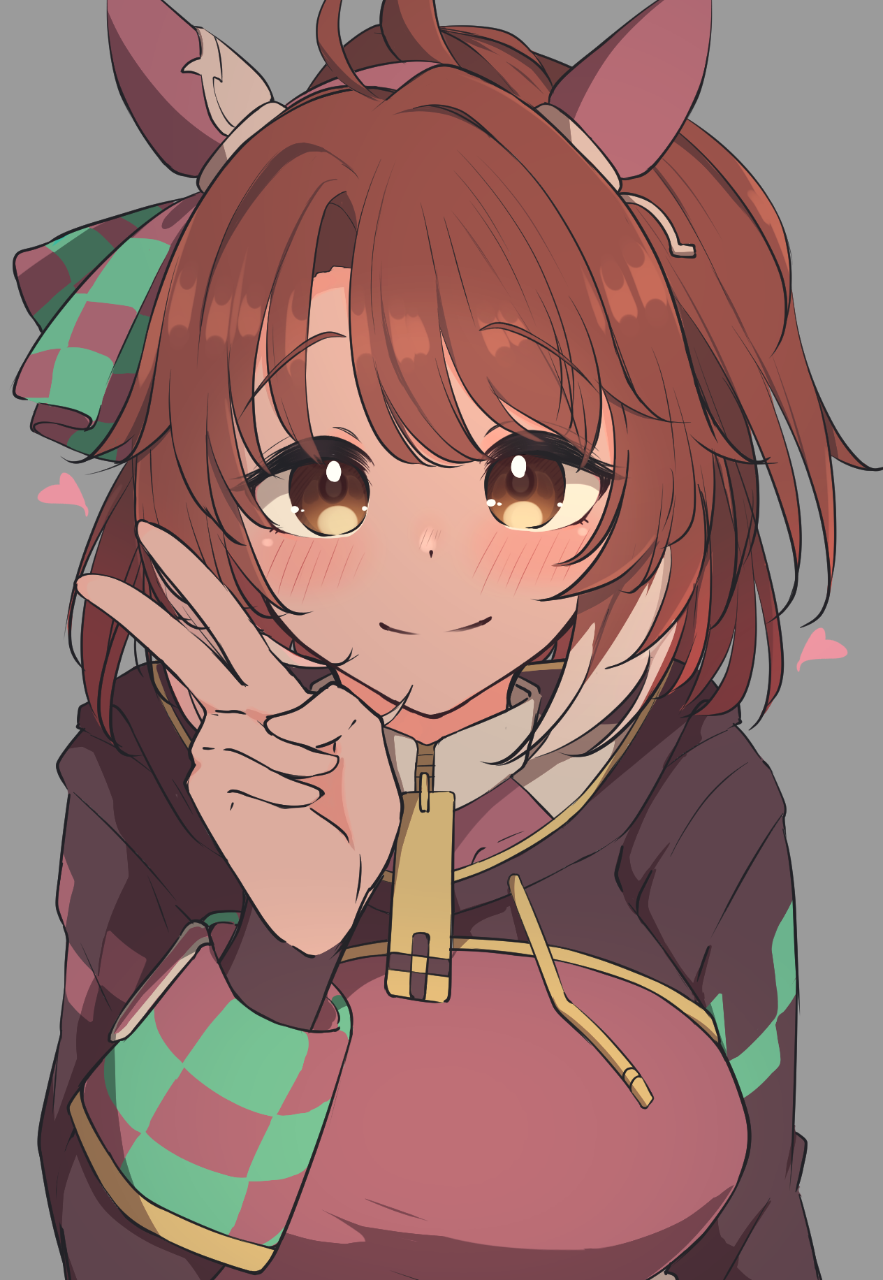 mountain yasan, dantsu flame (center spotlight) (umamusume), dantsu flame (umamusume), umamusume, commentary request, highres, 1girl, black shrug, blush, breasts, brown eyes, brown hair, closed mouth, ear covers, grey background, hand up, horse girl, large breasts, long sleeves, looking at viewer, shrug (clothing), simple background, smile, solo, upper body, v, white streaks