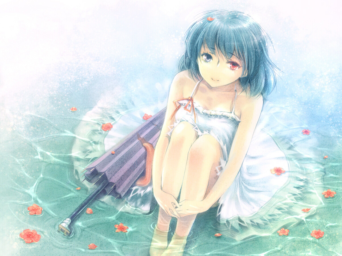 kieta, tatara kogasa, touhou, 1girl, alternate costume, bare shoulders, barefoot, blue eyes, blue hair, closed umbrella, dress, feet, female focus, flower, heterochromia, hugging own legs, karakasa obake, light smile, long legs, looking at viewer, matching hair/eyes, oil-paper umbrella, partially submerged, petals, red eyes, ripples, short hair, sitting, solo, tongue, umbrella, water, white dress
