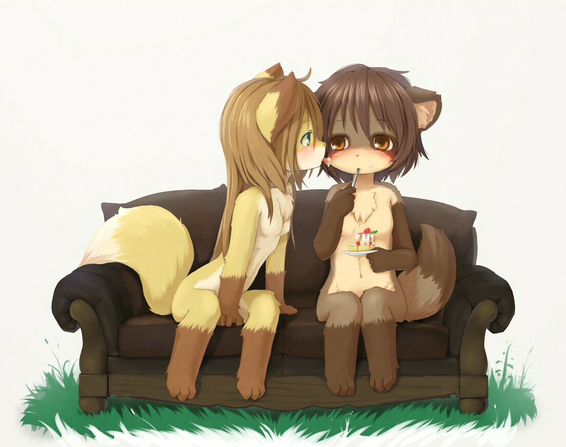 ka (pixiv341010), kagerofu, bad id, 2girls, animal ears, animal hands, barefoot, blush, cake, couch, eating, food, fox ears, fox tail, furry, grass, licking, loli, long hair, multiple girls, nipples, nude, outdoors, simple background, sitting, tail, tongue, yuri