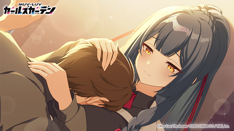 muv-luv, muv-luv girls garden, official art, 1boy, 1girl, 2025, between breasts, black shirt, blue hair, breasts, brown hair, closed mouth, copyright logo, copyright name, copyright notice, hair ribbon, head between breasts, high ponytail, ikoma aoi (muv-luv), logo, long hair, ponytail, red ribbon, ribbon, shirt, short hair, soso 5050 soso, upper body, yellow eyes