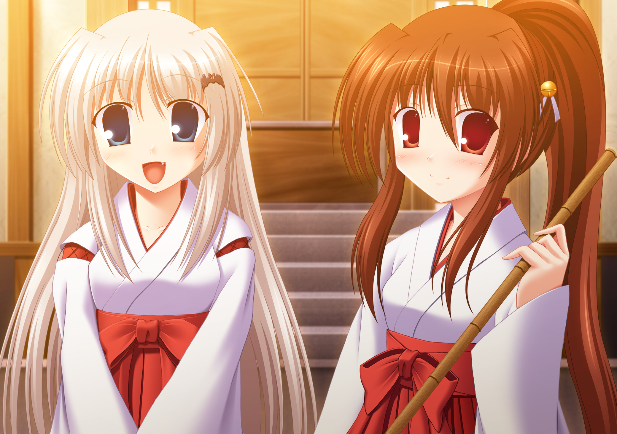 natsume rin, noumi kudryavka, little busters!, silver hair, highres, 2girls, aqua eyes, bell, blush, brown hair, fang, hair bell, hair ornament, hairclip, hakama, hakama skirt, japanese clothes, long hair, miko, multiple girls, ponytail, red eyes, skirt, smile