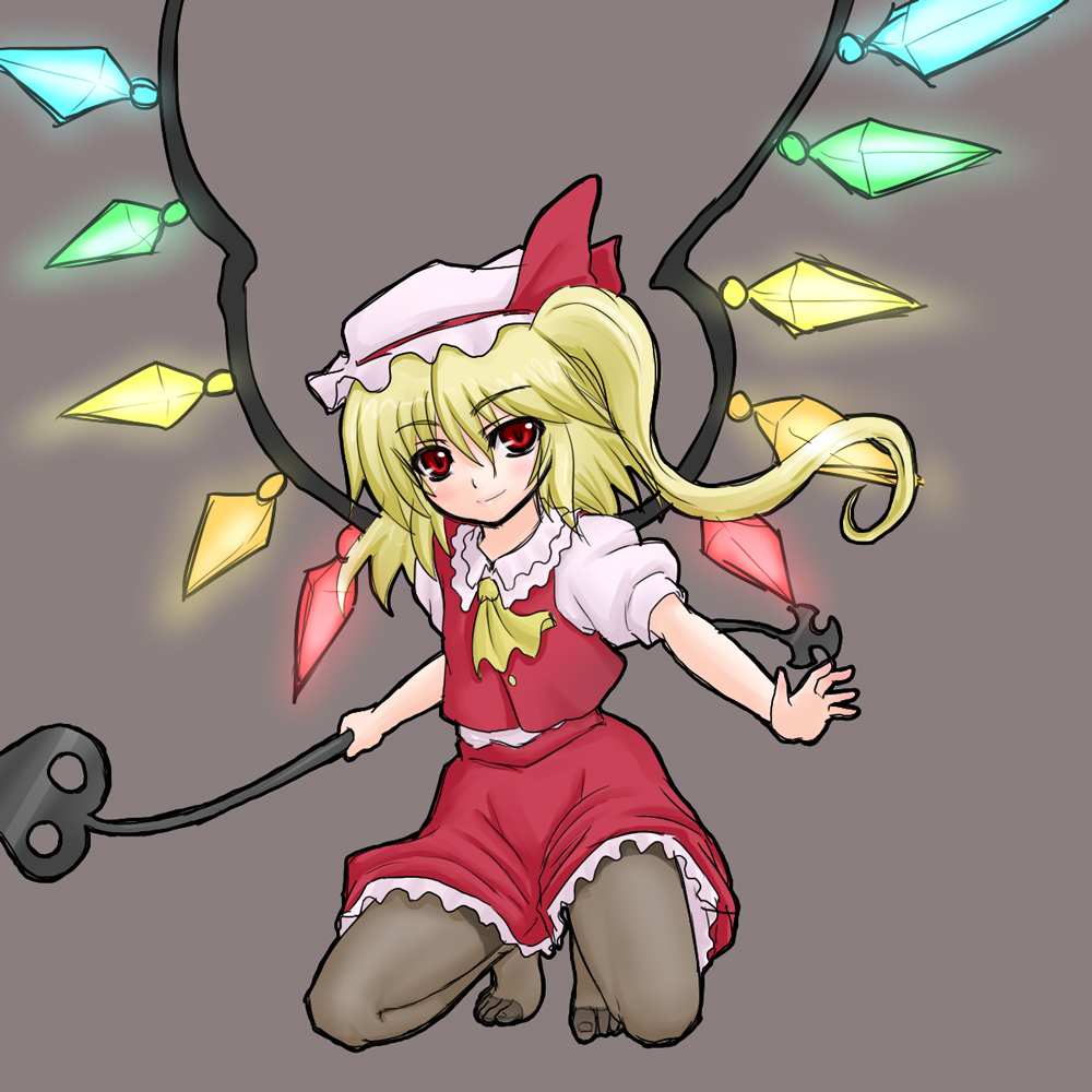 kuro suto sukii, flandre scarlet, touhou, 1girl, ascot, blonde hair, crystal, feet, female focus, full body, hat, laevatein, one side up, pantyhose, ponytail, red eyes, short hair, short hair with long locks, side ponytail, solo, wings, yellow ascot