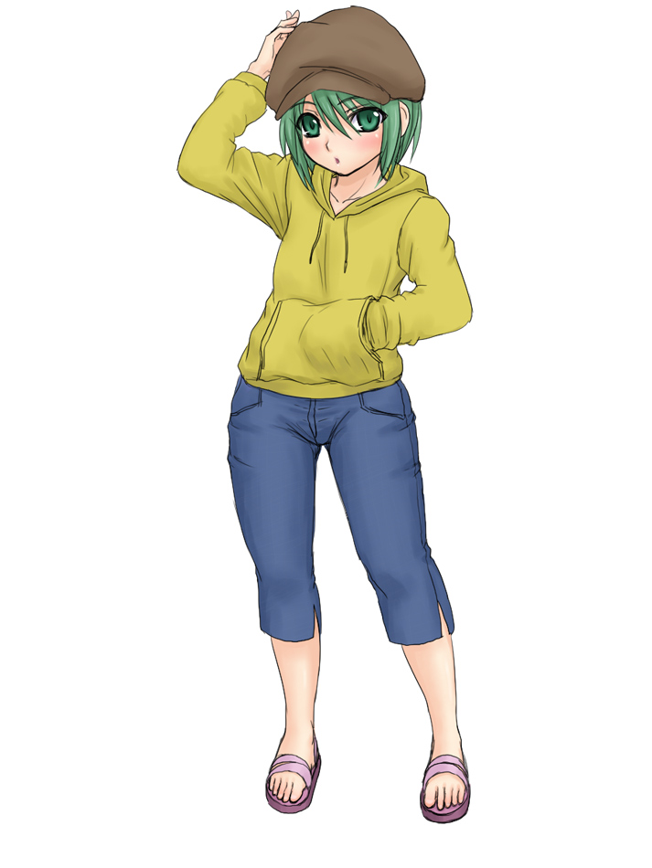 kuro suto sukii, wriggle nightbug, touhou, 1girl, alternate costume, capri pants, female focus, full body, green eyes, green hair, hand on own head, hat, hood, hoodie, matching hair/eyes, newsboy cap, pants, sandals, short hair, simple background, solo, standing, white background