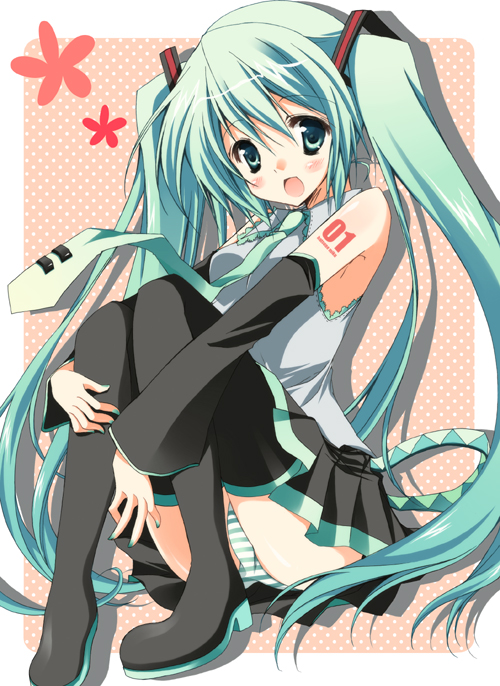 purinpurin, hatsune miku, vocaloid, bad id, bad pixiv id, blush, detached sleeves, green eyes, green hair, long hair, necktie, open mouth, panties, pantyshot, sitting, skirt, solo, striped clothes, striped panties, thighhighs, twintails, underwear, very long hair