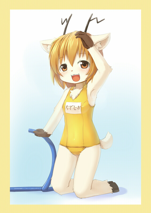 ka (pixiv341010), kagerofu, chidejika, bad id, 1girl, animal ears, animal hands, antlers, armpits, barefoot, blush, child, female focus, furry, furry female, hooves, horns, hose, one-piece swimsuit, open mouth, school swimsuit, smile, solo, swimsuit