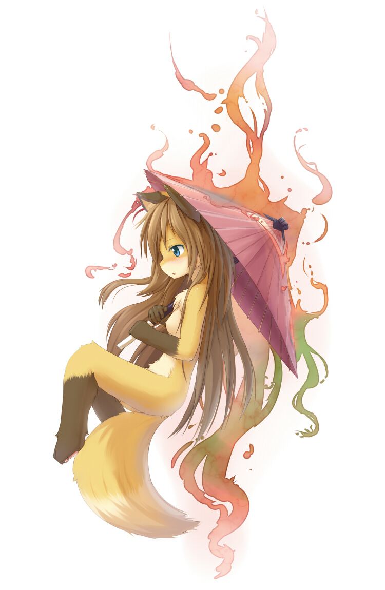 ka (pixiv341010), kagerofu, bad id, 1girl, animal ears, animal hands, barefoot, blue eyes, blush, breasts, female focus, fox ears, fox tail, furry, furry female, loli, long hair, nipples, nude, simple background, solo, tail, umbrella