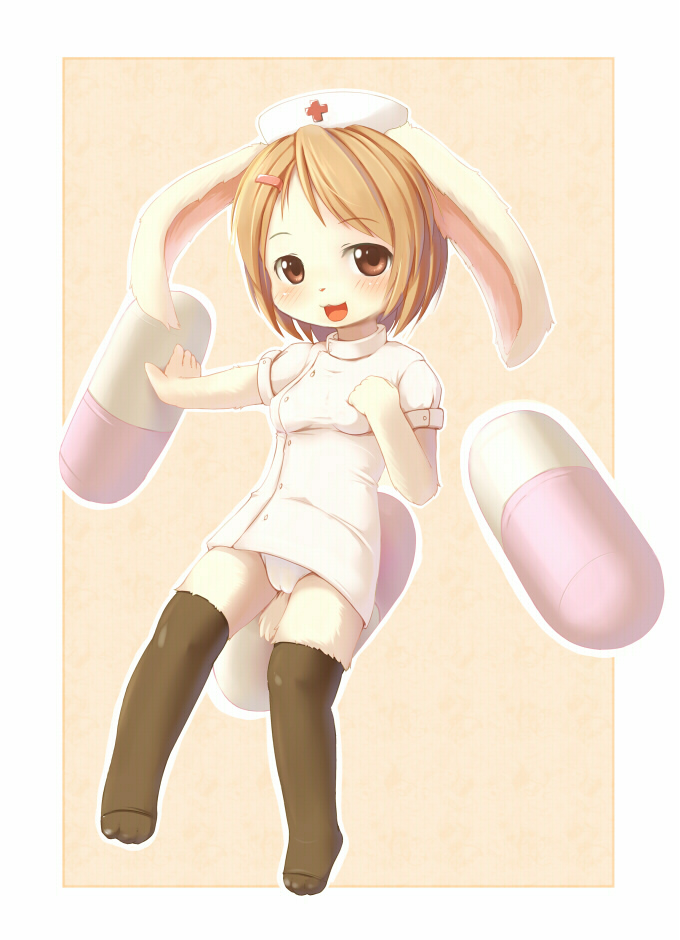 kagerofu, 1girl, animal ears, animal hands, blush, brown eyes, brown hair, cameltoe, drugs, female focus, furry, furry female, hair ornament, hairclip, hat, loli, looking at viewer, nurse, open mouth, panties, pill, rabbit ears, short hair, smile, solo, thighhighs, underwear