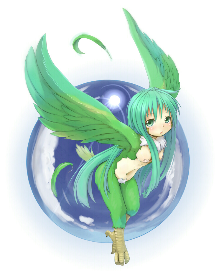 blush, breasts, feathers, green eyes, green hair, harpy, long hair, monster girl, tail, wings