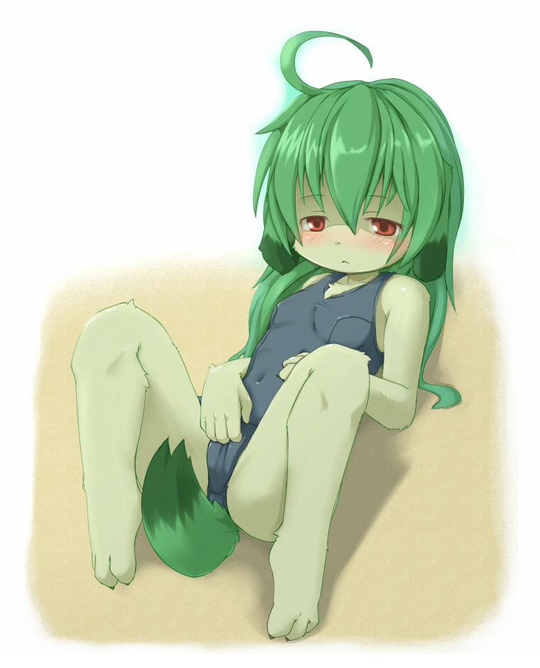 ka (pixiv341010), kagerofu, konton (nijiura maids), futaba channel, nijiura maids, bad id, 1girl, :<, ahoge, animal ears, barefoot, blush, cameltoe, dog ears, dog tail, female focus, furry, furry female, green hair, loli, long hair, lying, one-piece swimsuit, red eyes, school swimsuit, simple background, solo, swimsuit, tail