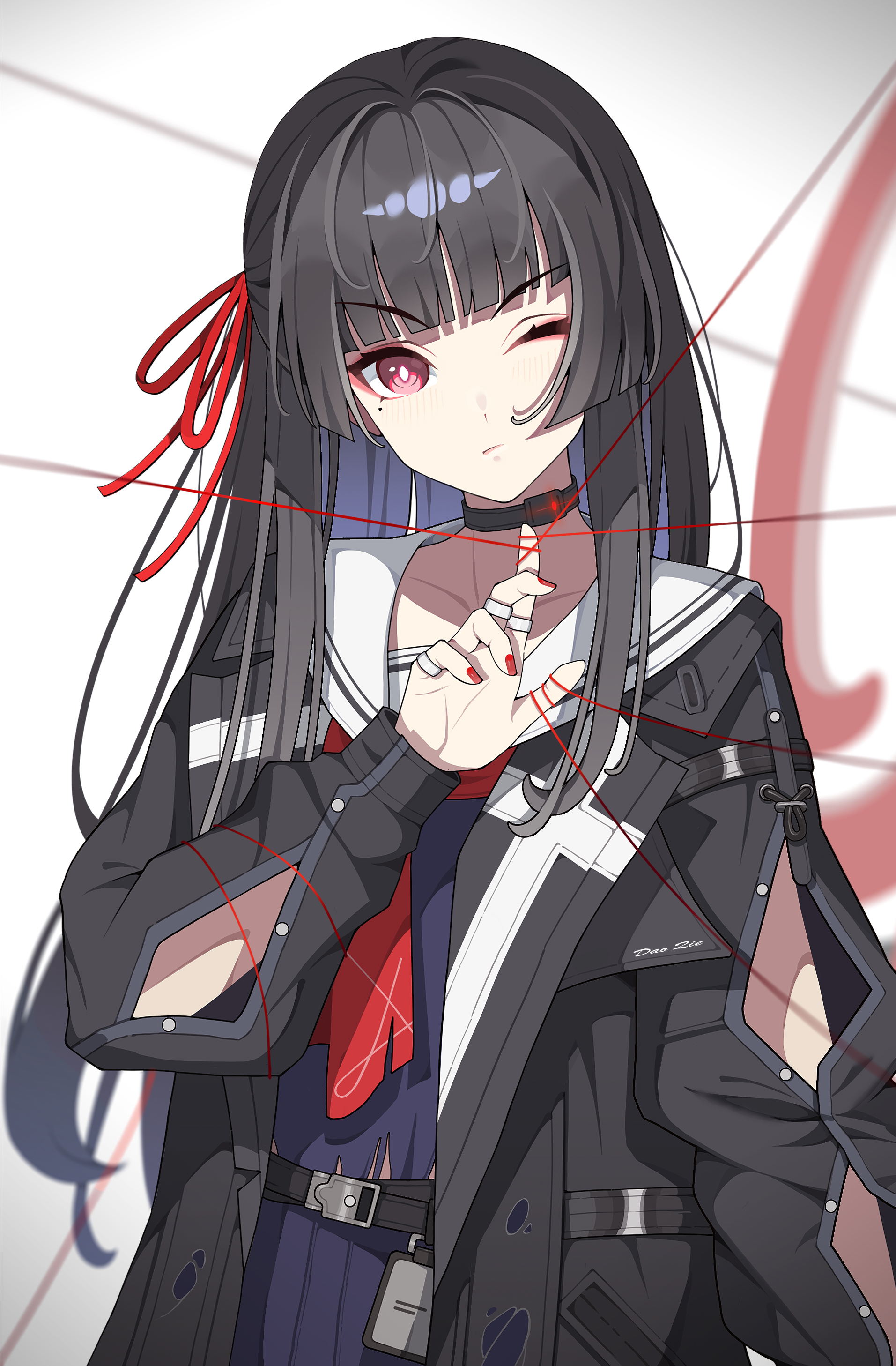 dao qie, chisa (wuthering waves), wuthering waves, absurdres, commentary, highres, revision, 1girl, arm cutout, black choker, black hair, black jacket, black serafuku, blunt bangs, choker, clothing cutout, hair ribbon, hand up, jacket, light blush, long hair, long sleeves, looking at viewer, mole, mole under eye, nail polish, neckerchief, one eye closed, red eyes, red nails, red neckerchief, red ribbon, ribbon, sailor collar, school uniform, serafuku, solo, string, string of fate, upper body, white sailor collar