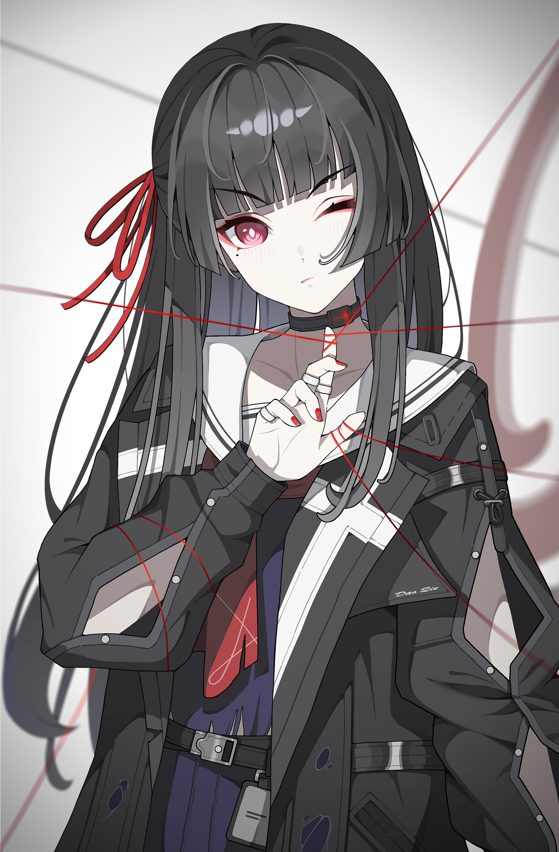 dao qie, chisa (wuthering waves), wuthering waves, absurdres, commentary, highres, revision, 1girl, arm cutout, black choker, black hair, black jacket, black serafuku, blunt bangs, choker, clothing cutout, hair ribbon, hand up, jacket, light blush, long hair, long sleeves, looking at viewer, mole, mole under eye, muted color, nail polish, neckerchief, one eye closed, red eyes, red nails, red neckerchief, red ribbon, ribbon, sailor collar, school uniform, serafuku, solo, string, string of fate, upper body, white sailor collar