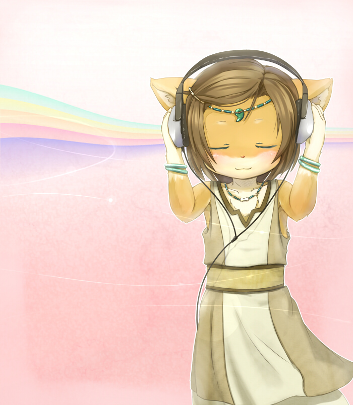 ka (pixiv341010), kagerofu, bad id, 1girl, animal ears, armpits, blush, child, closed eyes, female focus, furry, furry female, headphones, jewelry, smile, solo