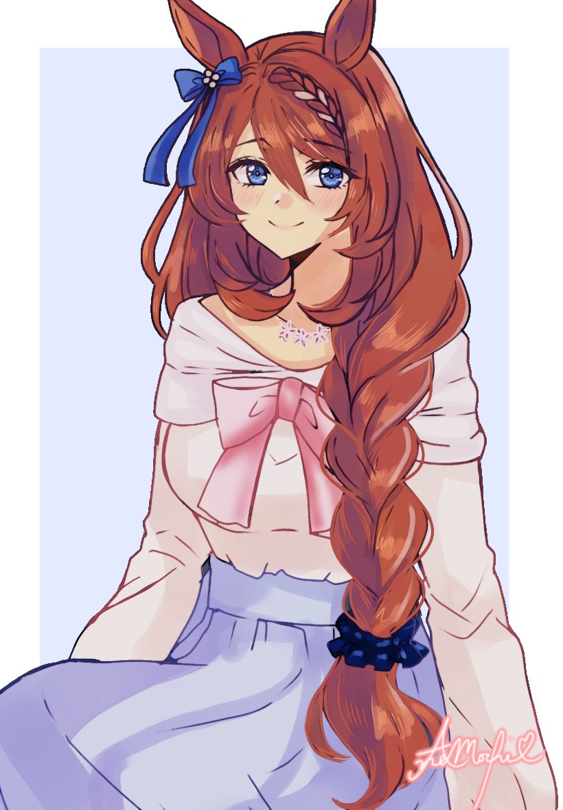 b9pqpy, super creek (casual) (umamusume), super creek (umamusume), umamusume, commentary request, 1girl, animal ears, blue background, blue bow, blue dress, blue eyes, blue scrunchie, blush, bow, braid, brown hair, closed mouth, dress, hair bow, hair ornament, hair scrunchie, horse ears, horse girl, looking at viewer, pink bow, scrunchie, shirt, shirt bow, simple background, smile, solo, two-tone background, white background, white shirt