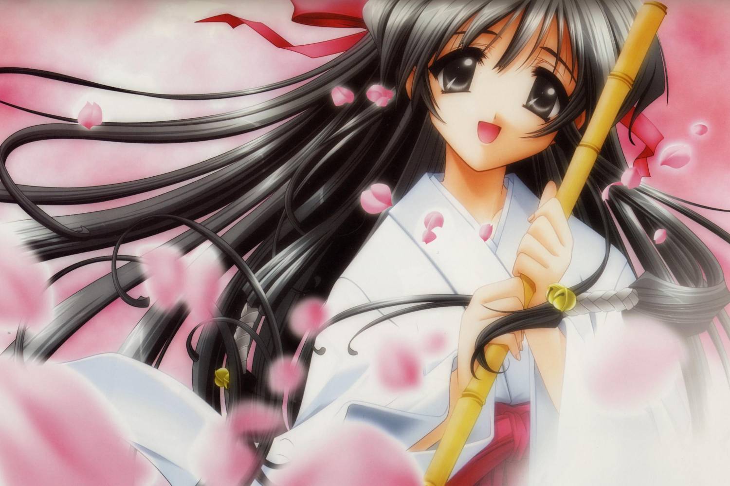 black hair, grey eyes, hair ribbon, japanese clothes, long hair, miko, ribbon, sakura petals