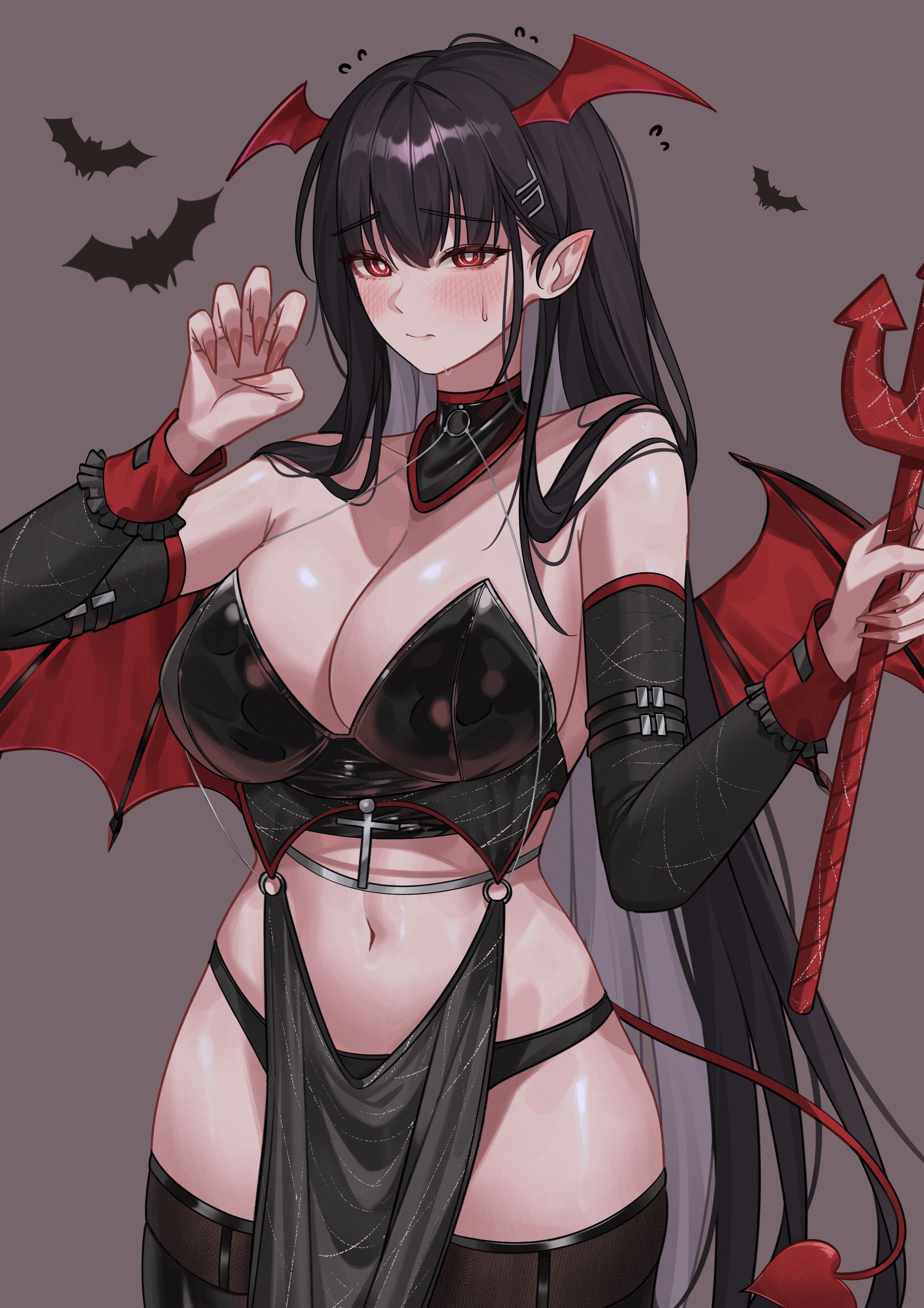 katrinabluuuuu, rio (blue archive), blue archive, absurdres, commentary, highres, 1girl, alternate costume, bandeau, bare shoulders, black bandeau, black hair, black panties, black sleeves, black thighhighs, blush, breasts, bright pupils, claw pose, cleavage, closed mouth, collarbone, cowboy shot, cross, demon tail, demon wings, detached sleeves, fingernails, flying sweatdrops, hair between eyes, hair ornament, hairclip, halloween, halloween costume, holding, holding polearm, holding weapon, large breasts, long fingernails, long hair, looking at viewer, midriff, navel, panties, pointy ears, polearm, red eyes, ringed eyes, sidelocks, simple background, simple bat, skindentation, solo, sweat, tail, thighhighs, trident, underwear, very long hair, weapon, white pupils, wings
