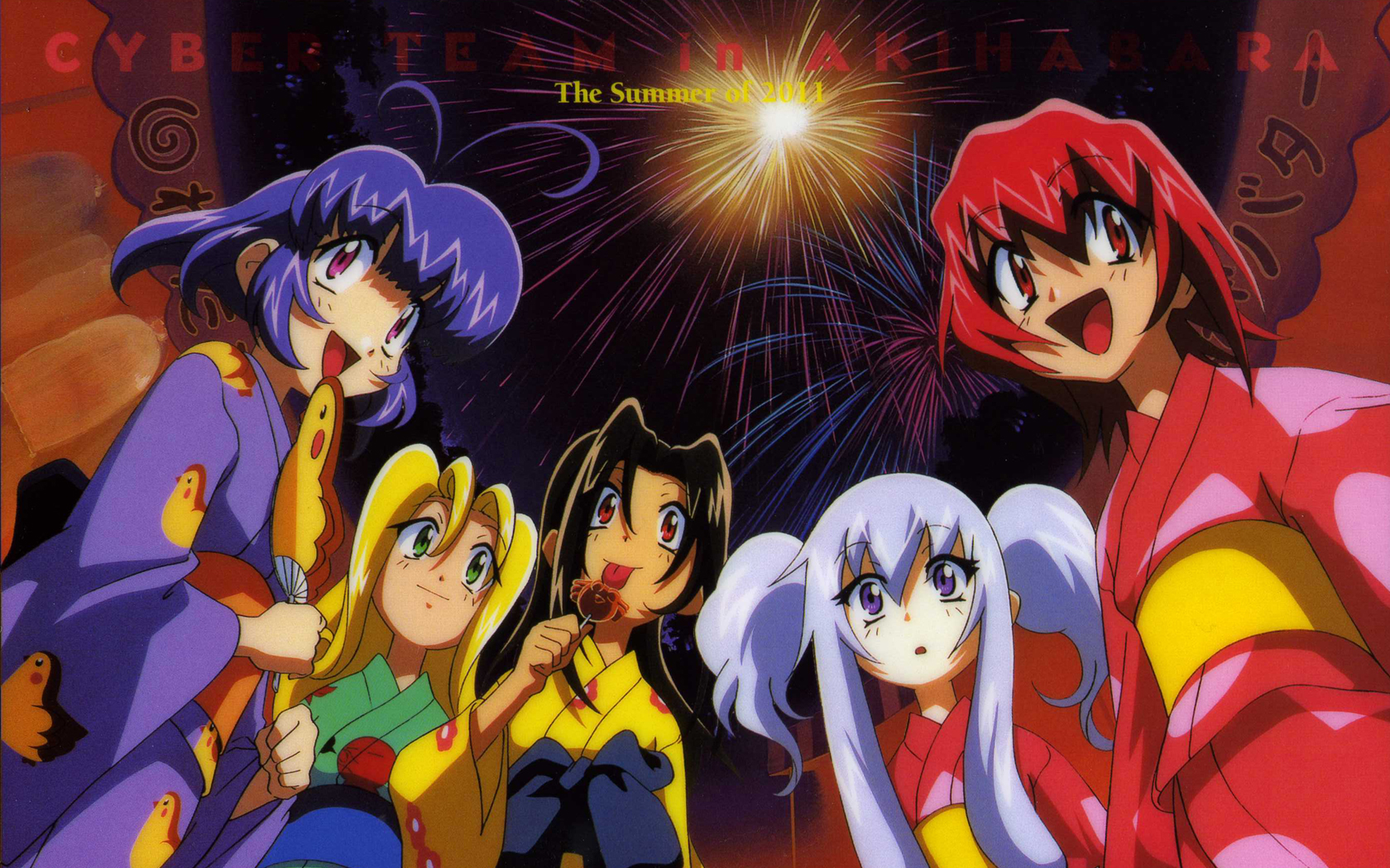 hanakoganei hibari, higashijuujou tsugumi, ootorii tsubame, sakurajousui suzume, sengakuji kamome, akihabara dennou gumi, highres, 1990s (style), 5girls, aerial fireworks, black hair, blonde hair, blue hair, candy, festival, fireworks, food, green eyes, hand fan, japanese clothes, kimono, lollipop, multiple girls, purple eyes, red eyes, red hair, short hair, twintails, yukata