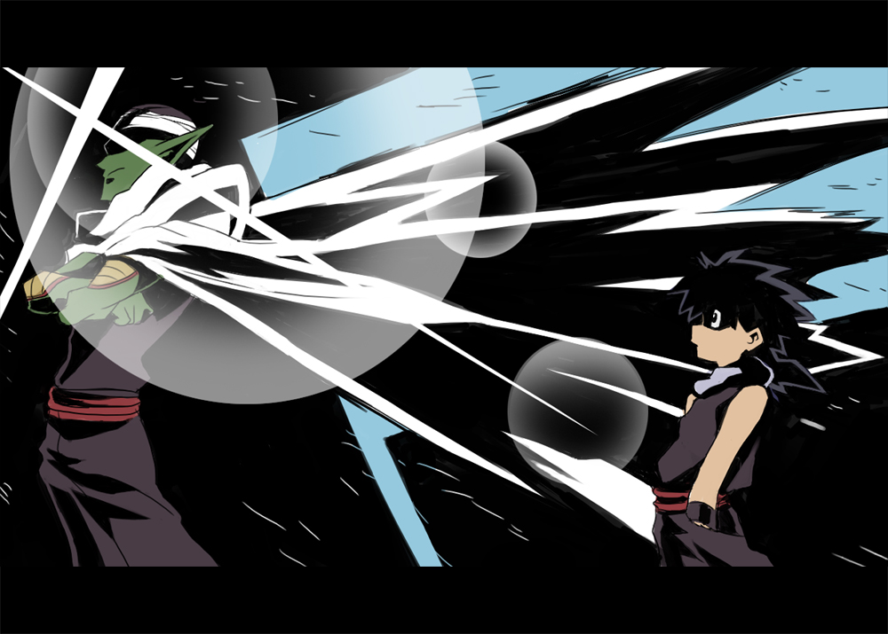 song (cakebox87), piccolo, son gohan, dragon ball, dragonball z, tengen toppa gurren lagann, bad id, bad pixiv id, 2boys, lens flare, letterboxed, male focus, multiple boys, parody, style parody