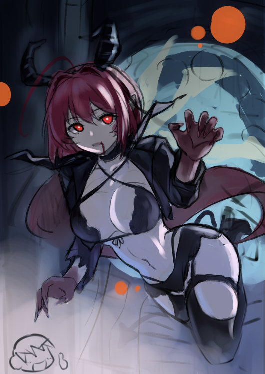 takasata takina, kagami sumika, shirogane takeru, muv-luv, 1boy, 1girl, ahoge, blood, blood from mouth, breasts, chibi, chibi inset, glowing, glowing eyes, hair intakes, halloween, halloween costume, horns, large breasts, long hair, looking at viewer, navel, open mouth, ponytail, red eyes, red hair, solo focus, thumbs up, vampire costume, very long hair