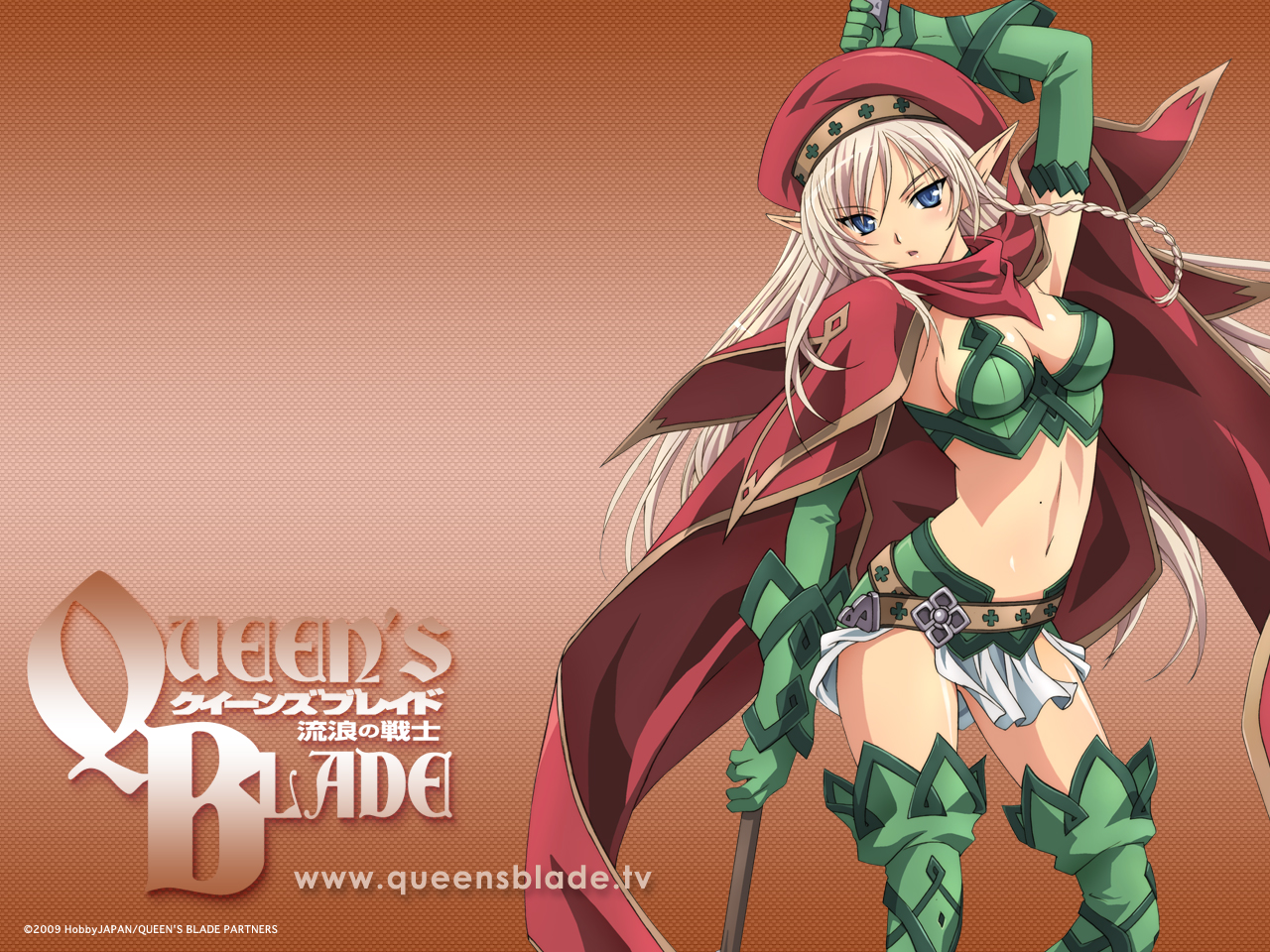 matsuryuu, alleyne (queen's blade), fighting master alleyne, queen's blade, official art, official wallpaper, 00s, 1girl, armor, armpits, belt, beret, blonde hair, blue eyes, braid, breasts, cape, elbow gloves, elf, female focus, gloves, hat, loincloth, long hair, midriff, navel, pointy ears, side braid, sideboob, skirt, solo, staff, thighhighs