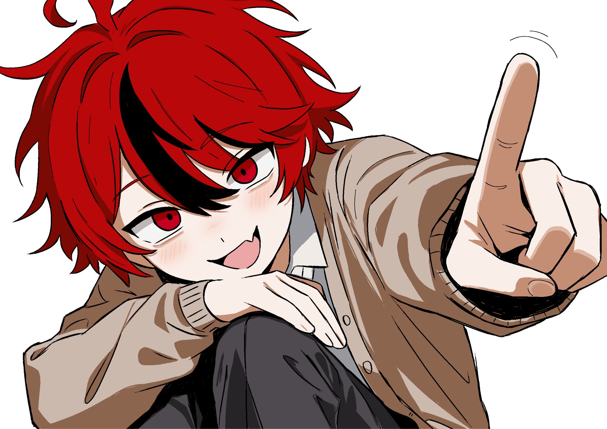 sumino takumi, the hundred line -last defense academy-, commentary, english commentary, highres, spoilers, 1boy, :d, ahoge, alternate universe, black pants, black streaks, brown jacket, close-up, fang, jacket, looking at viewer, male focus, multicolored hair, open mouth, pants, red eyes, red hair, shirt, short hair, simple background, skin fang, smile, solo, squatting, streaked hair, tripledoki, wagging finger, white background, white shirt