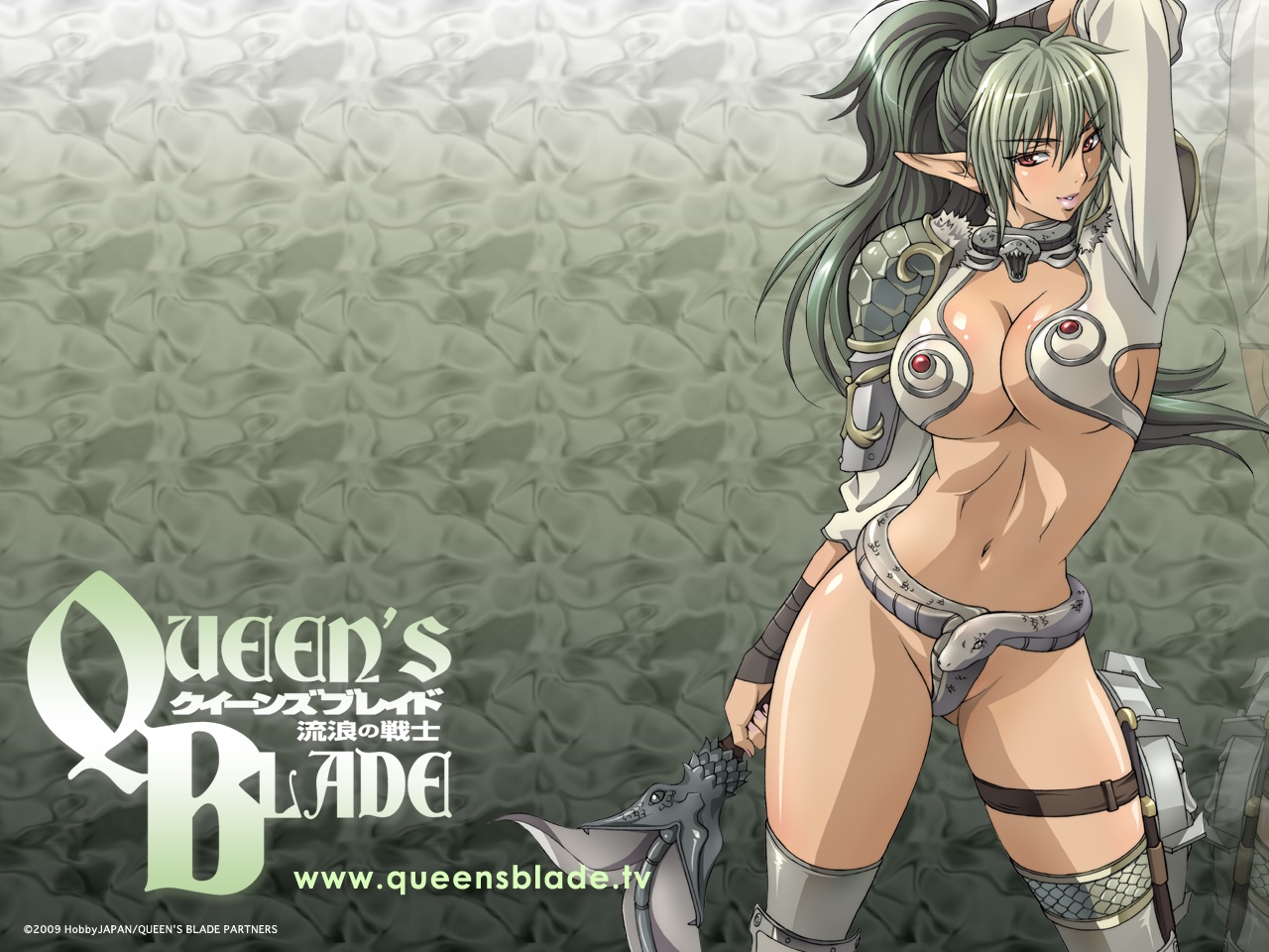 echidna (queen's blade), veteran mercenary echidna, queen's blade, official art, official wallpaper, 00s, 1girl, armor, black hair, breasts, cleavage, colored bangs, elf, female focus, grey hair, large breasts, long hair, midriff, multicolored hair, pointy ears, ponytail, red eyes, revealing clothes, snake, solo, standing, thighhighs, two-tone hair, underboob