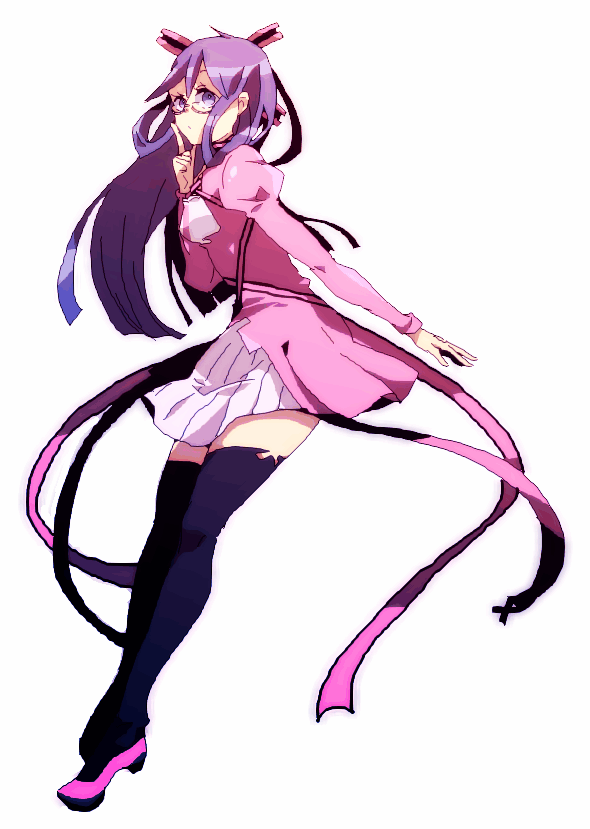 ramu (jamink), komaki midori, devil survivor (series), devil survivor 1, bad id, bad pixiv id, black thighhighs, dress, glasses, legs, oekaki, purple hair, ribbon, solo, thighhighs