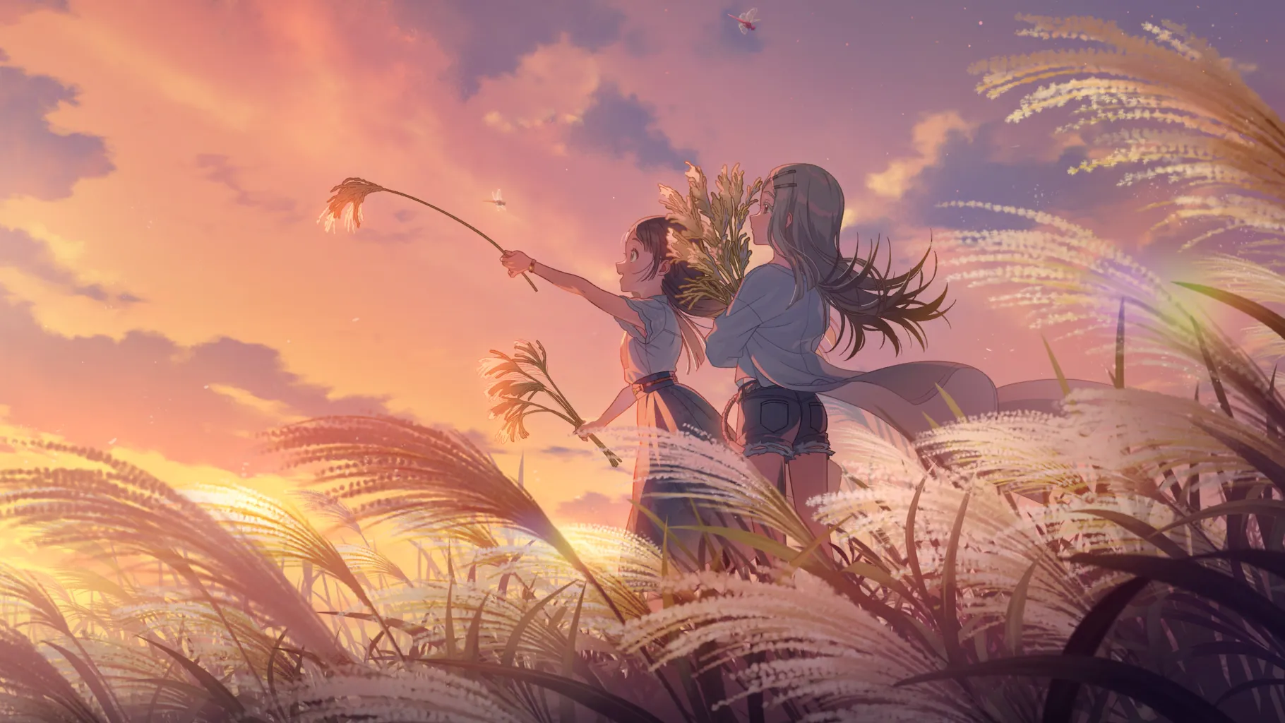 kuramoto china, shinosawa hiro, gakuen idolmaster, idolmaster, game cg, highres, official art, 2girls, belt, blonde hair, brown hair, cloud, hair ornament, hairclip, holding, long skirt, multiple girls, profile, short shorts, shorts, skirt, sunset, wheat field