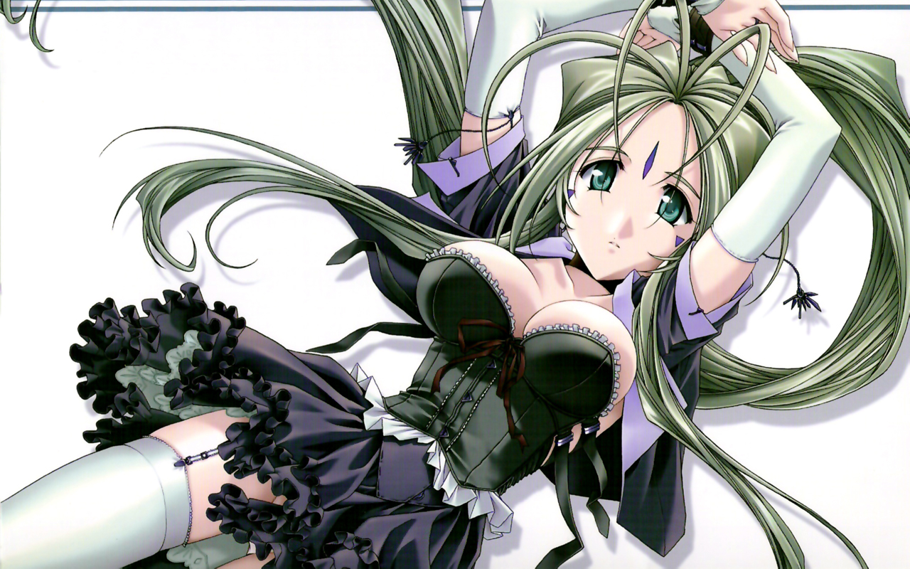 belldandy, aa megami-sama, silver hair, 1girl, aqua eyes, breasts, bustier, elbow gloves, facial mark, female focus, forehead mark, garter belt, gloves, large breasts, lingerie, long hair, solo, thighhighs, underwear, very long hair