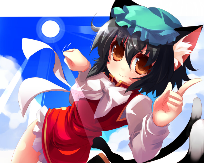 shin (new), chen, touhou, 1girl, animal ears, black hair, brown eyes, cat ears, cat girl, cat tail, dress, female focus, hat, multiple tails, outdoors, short hair, sky, solo, tail