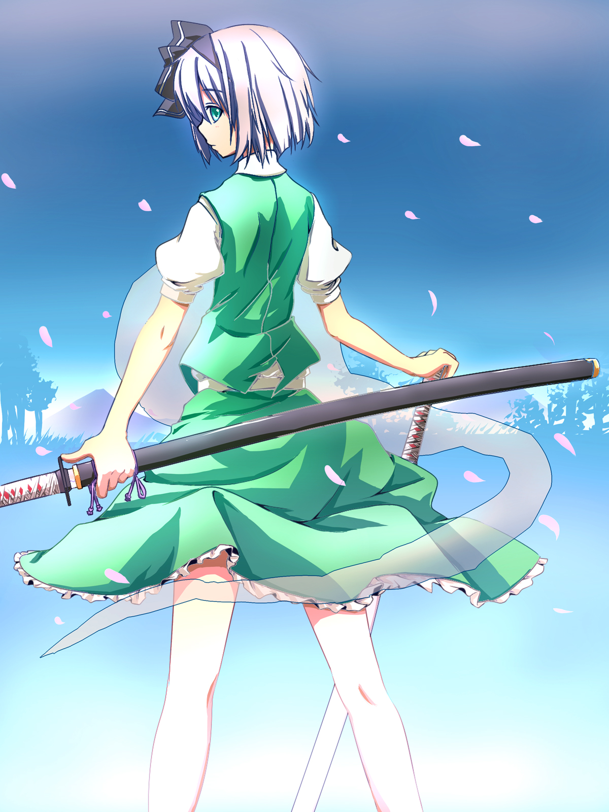 kuroi hitsuji, konpaku youmu, konpaku youmu (ghost), touhou, silver hair, bad id, bad pixiv id, highres, 1girl, blue eyes, female focus, ghost, hairband, hitodama, katana, ribbon, sheath, sheathed, short hair, solo, sword, weapon