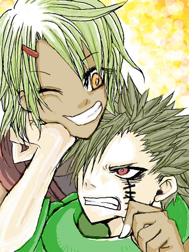 aosaki yuichirou, fuu (naruto), sanbi(3-tails), shichibi(7-tails), yagura (naruto), naruto (series), naruto shippuuden, bad id, 1boy, angry, green hair, orange eyes, red eyes, scar, short hair