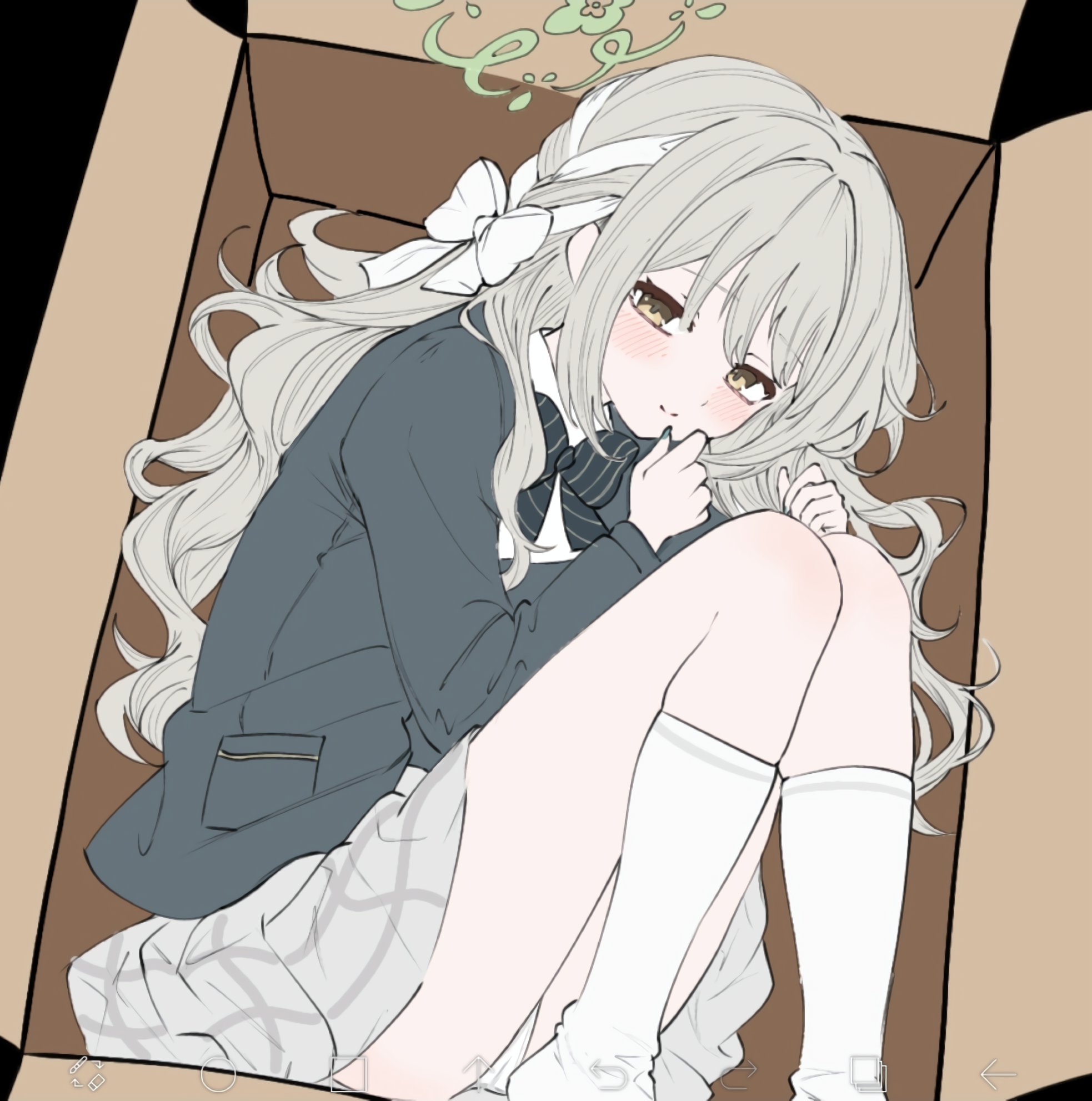 wa sumi, miyo (blue archive), blue archive, commentary request, highres, ibispaint (medium), 1girl, art program in frame, black background, black bow, black bowtie, blazer, bow, bowtie, box, braid, cardboard box, closed mouth, curled up, diagonal-striped bow, diagonal-striped bowtie, diagonal-striped clothes, feet out of frame, fetal position, fingernails, flat color, green halo, grey hair, grey jacket, grey nails, grey skirt, hair ribbon, halo, high-ended braid, ibispaint, in box, in container, jacket, kneehighs, light blush, light smile, long hair, long sleeves, looking at viewer, lying, miniskirt, nail polish, no shoes, on side, panties, pantyshot, plaid clothes, plaid skirt, pocket, ribbon, ribbon braid, school uniform, skirt, socks, solo, split mouth, striped bow, striped bowtie, striped clothes, underwear, wavy hair, white panties, white ribbon, white socks, winter uniform, yellow eyes