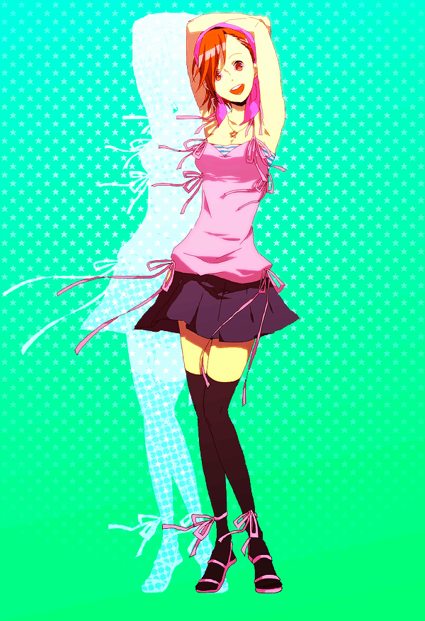 ramu (jamink), tanigawa yuzu, devil survivor (series), devil survivor 1, bad id, bad pixiv id, 1girl, arms up, bandana, black thighhighs, camisole, female focus, hairband, jewelry, legs, necklace, oekaki, orange hair, pleated skirt, ribbon, sandals, skirt, smile, solo, star (symbol), thighhighs, tiptoes, zettai ryouiki