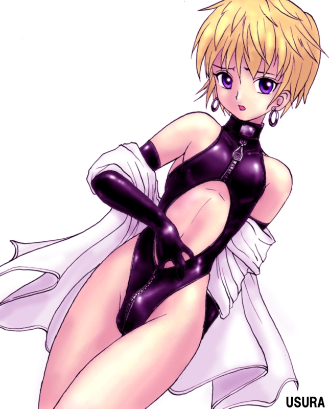 usura, 1boy, blonde hair, bulge, crossdressing, crossdressing (mtf), earrings, elbow gloves, flat chest, gloves, jewelry, leotard, male focus, purple eyes, short hair, shota, solo, trap