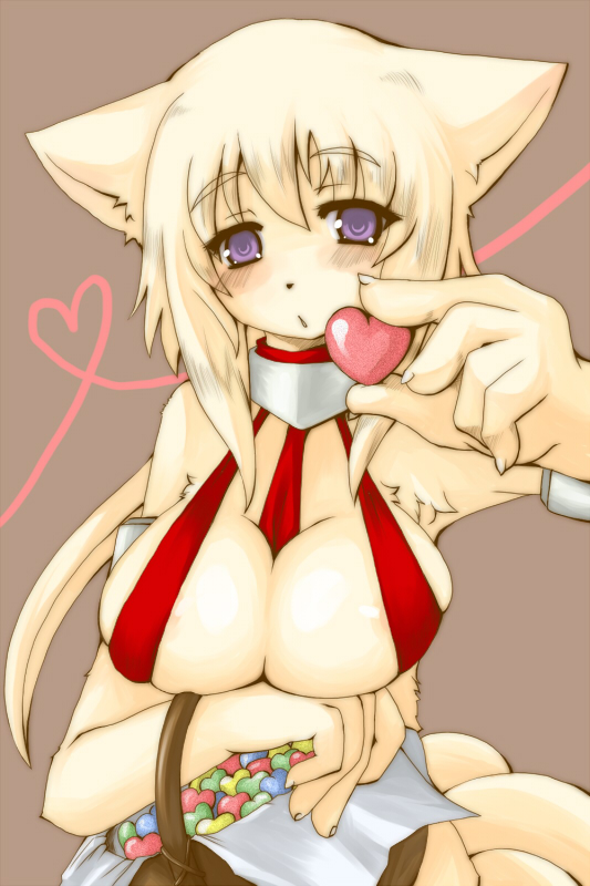 animal ears, basket, blush, breasts, candy, cleavage, furry, heart, huge breasts, long hair, purple eyes