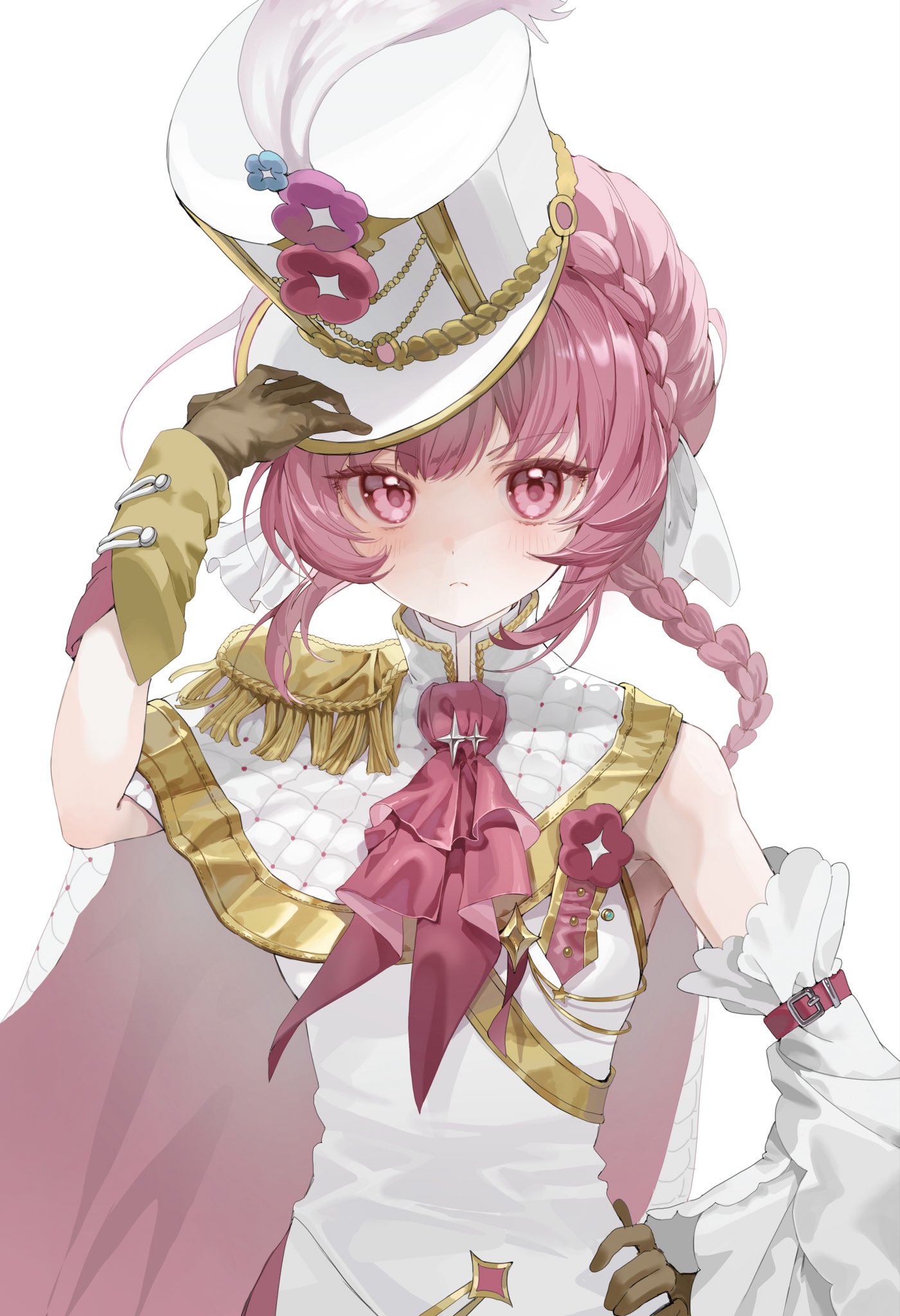 limu838, original, commentary, commission, highres, 1girl, arm up, ascot, bare shoulders, blush, braid, brown gloves, capelet, closed mouth, detached sleeves, dress, gloves, hat, long hair, long sleeves, looking at viewer, pink eyes, pink hair, red ascot, simple background, single braid, single detached sleeve, sleeveless, sleeveless dress, solo, upper body, white background, white capelet, white dress, white hat, white sleeves