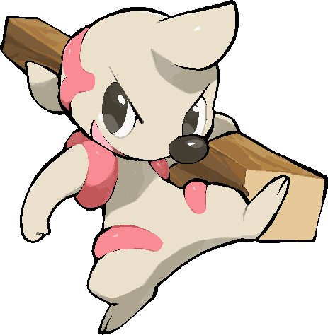 kawaanago, timburr, nintendo, pokemon, commentary request, lowres, full body, gen 5 pokemon, holding, open mouth, pokemon (creature), pokemon focus, smile, solo, standing, standing on one leg, transparent background, wooden beam