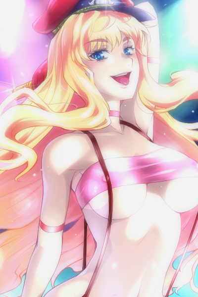 hairu, sheryl nome, macross, macross frontier, 00s, 1girl, bandeau, blonde hair, blue eyes, breasts, breasts apart, female focus, hat, long hair, open mouth, peaked cap, solo, strapless, suspenders, tongue, tube top, underboob