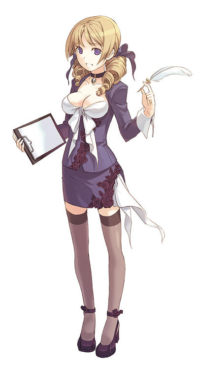 h2so4, original, 1girl, blonde hair, breasts, choker, cleavage, clipboard, drill hair, female focus, hair ribbon, high heels, jewelry, legs, miniskirt, pencil skirt, pendant, purple eyes, quill, ribbon, shoes, skirt, smile, solo, thighhighs, twin drills, twintails, zettai ryouiki