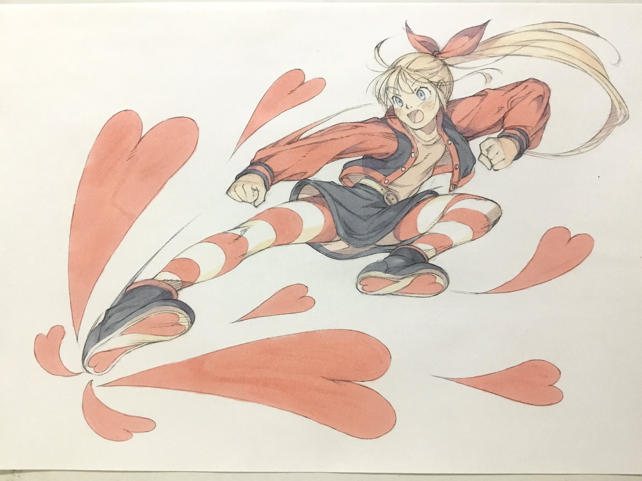 peter salt, original, commentary, highres, traditional media, 1girl, belt, belt buckle, black shoes, black skirt, blonde hair, blue eyes, bow, brown belt, brown shirt, buckle, clenched hands, flying kick, full body, hair bow, heart, heart print, jacket, kicking, letterman jacket, long hair, open clothes, open jacket, open mouth, print shorts, red bow, red jacket, red thighhighs, shirt, shoes, shorts, skirt, solo, striped clothes, striped thighhighs, thighhighs, white background