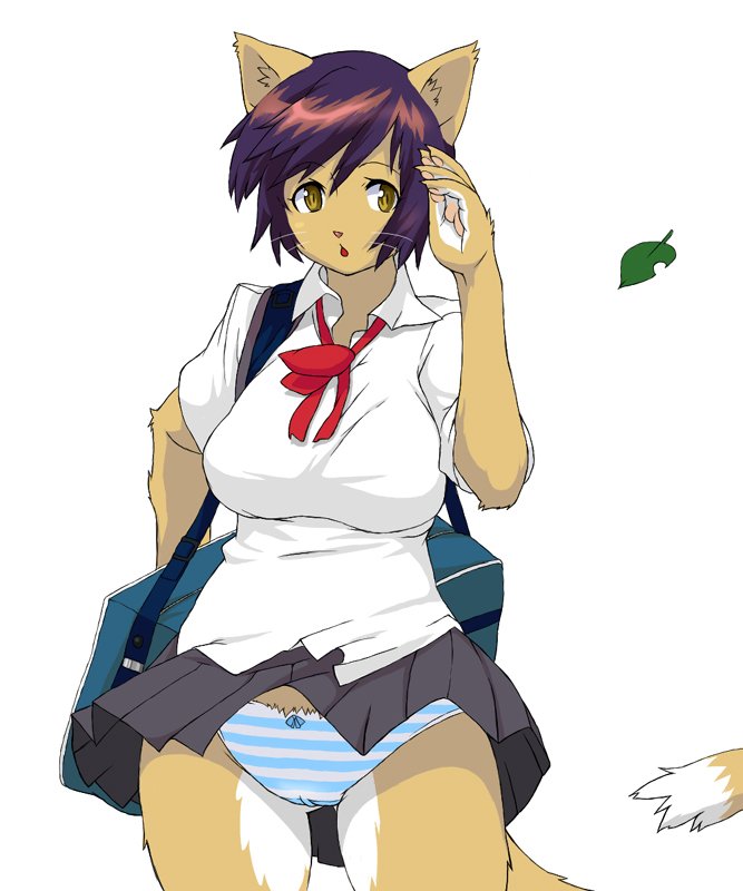 kemonon, lowres, 1girl, animal ears, animal hands, bag, black skirt, blue panties, bow, bow panties, bowtie, breasts, cat ears, cat girl, cat tail, furry, large breasts, leaf, open mouth, panties, purple hair, red bow, red bowtie, school bag, school uniform, shirt, short hair, short sleeves, skirt, standing, striped clothes, striped panties, tail, underwear, white background, white shirt, wind, wind lift, yellow eyes