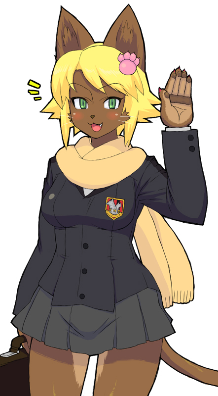 kemonon, animal ears, blonde hair, cat ears, cat tail, fang, furry, green eyes, hair ornament, open mouth, scarf, school uniform, simple background, tail