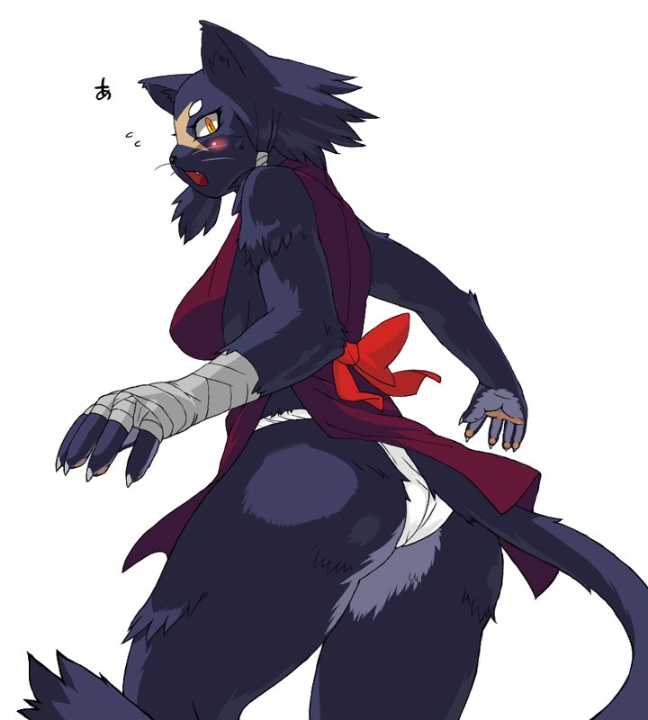 kemonon, 1girl, animal ears, ass, bandages, blush, breasts, fang, female focus, furry, furry female, looking back, ninja, open mouth, orange eyes, ribbon, simple background, solo, tail, white background