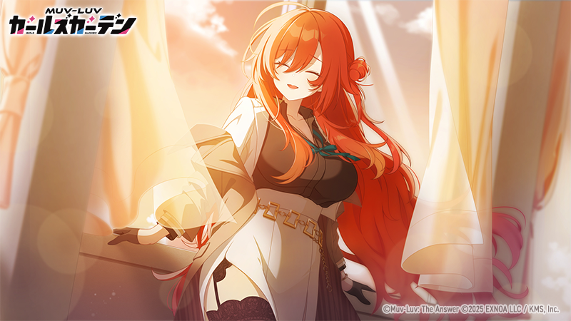 yunagi maia, muv-luv, muv-luv girls garden, official art, 1girl, 2025, ahoge, black gloves, black shirt, breasts, brown coat, closed eyes, coat, copyright logo, copyright name, copyright notice, curtains, evening, floating hair, gloves, hair between eyes, hair bun, indoors, jacket, large breasts, logo, long hair, neck ribbon, open clothes, open coat, open jacket, open mouth, red hair, ribbon, shirt, single side bun, skirt, solo, soso 5050 soso, white jacket, white skirt, window