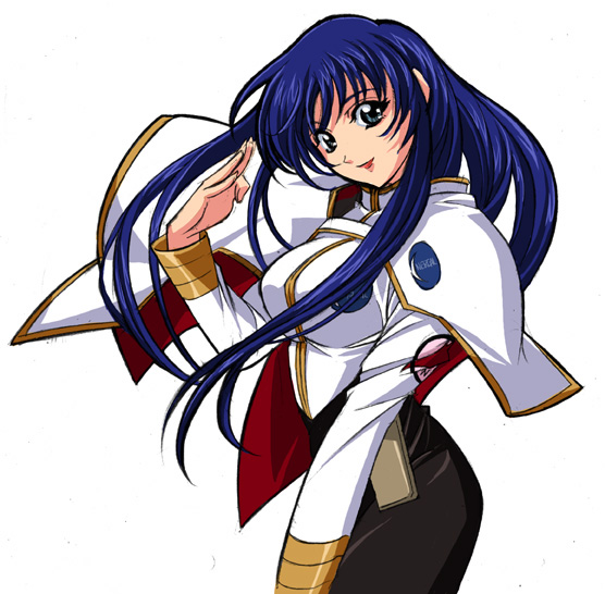 ayukko (forest village), piitan aratame, misumaru yurika, kidou senkan nadesico, uniform, 1girl, blue hair, breasts, female focus, green eyes, large breasts, lipstick, long hair, makeup, salute, solo