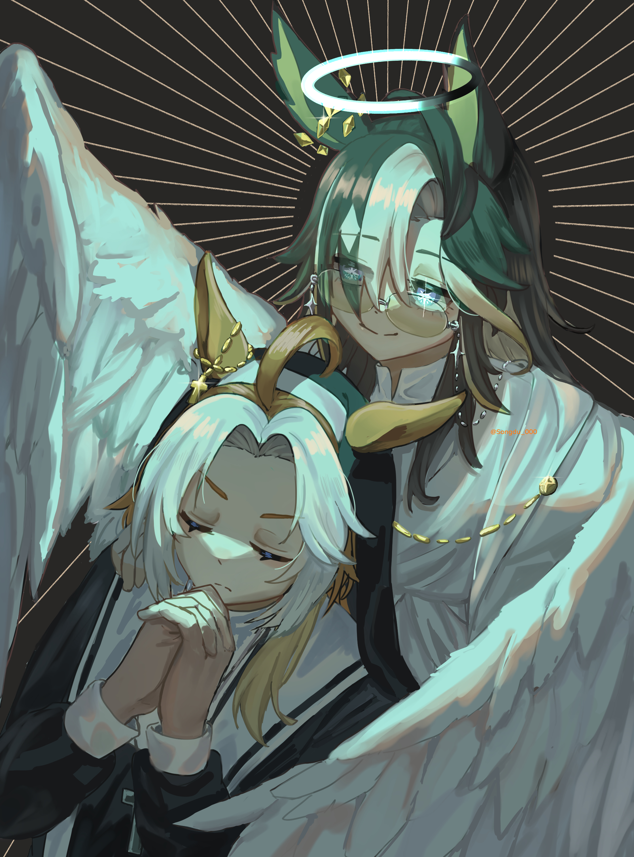 songdu, dream journey (umamusume), orfevre (umamusume), umamusume, absurdres, commentary, highres, symbol-only commentary, 2girls, ahoge, alternate costume, animal ears, black hair, brown background, brown hair, closed eyes, glasses, halo, horse ears, horse girl, multicolored hair, multiple girls, nun, own hands together, praying, simple background, sparkling eyes, streaked hair, traditional nun, two-tone hair, white hair, winged arms, wings