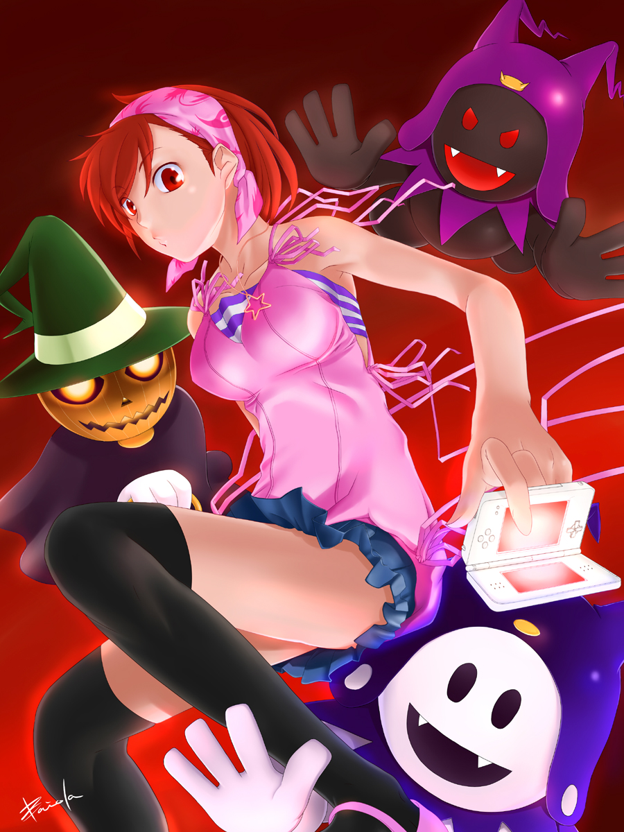 baiola, black frost, jack frost (megami tensei), pyro jack, tanigawa yuzu, devil survivor (series), devil survivor 1, shin megami tensei, striped, highres, 1girl, armpits, bandana, bandeau, black thighhighs, camisole, cape, demon (megami tensei), glowing, handheld game console, hat, jewelry, miniskirt, necklace, nintendo ds, orange hair, over-kneehighs, red eyes, ribbon, short hair, skirt, star (symbol), strapless, thighhighs, tube top, witch hat