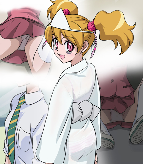 haruyama kazunori, momozono love, fresh precure!, precure, 00s, 1girl, blonde hair, brown hair, eyelashes, ghost, hitaikakushi, necktie, panties, red eyes, school uniform, see-through clothes, triangular headpiece, twintails, underwear, upskirt