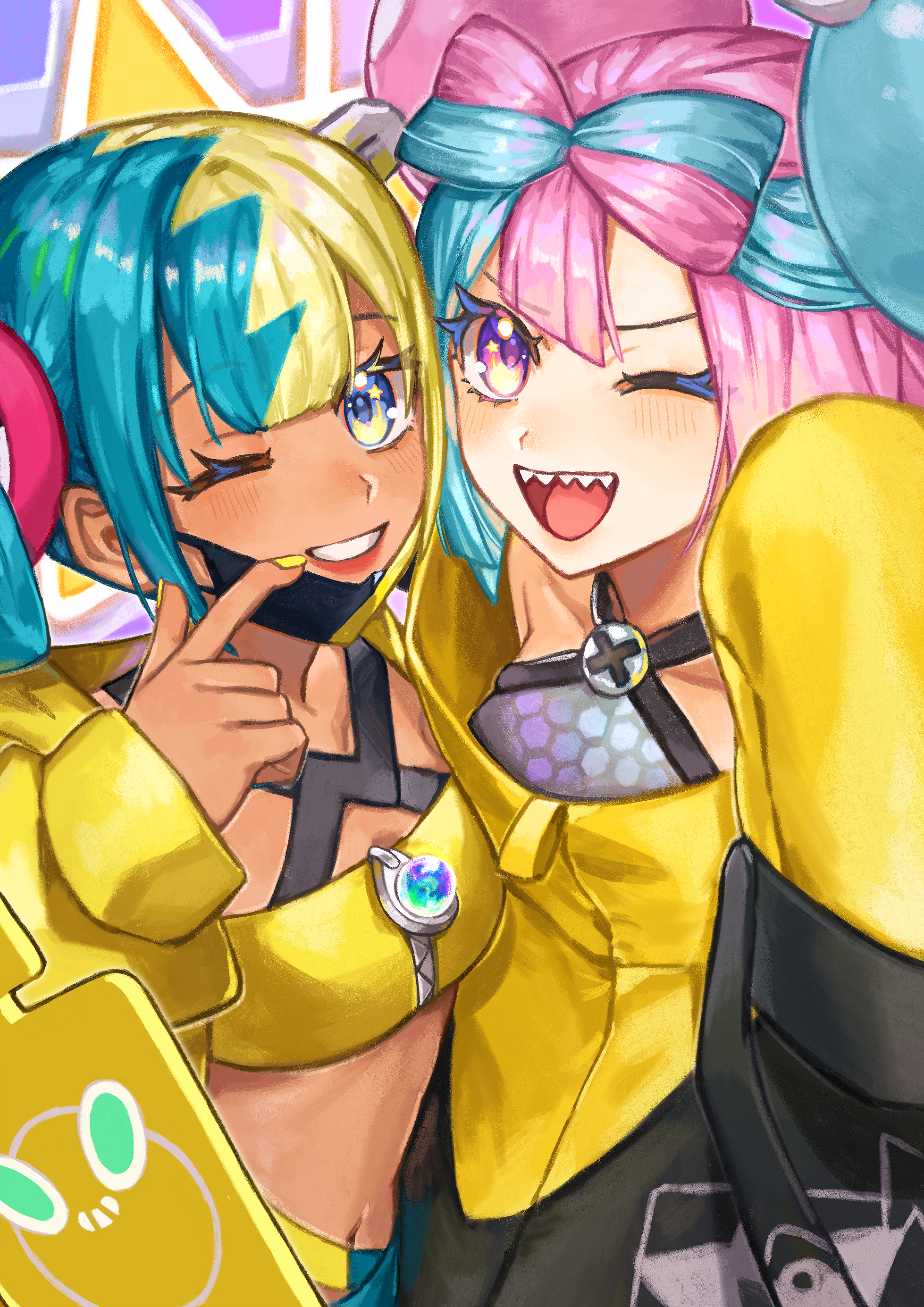 3ikurasan, canari (pokemon), iono (pokemon), pokemon, pokemon legends: z-a, pokemon sv, absurdres, highres, 2girls, multicolored hair, multiple girls, open mouth, sharp teeth, teeth, two-tone hair